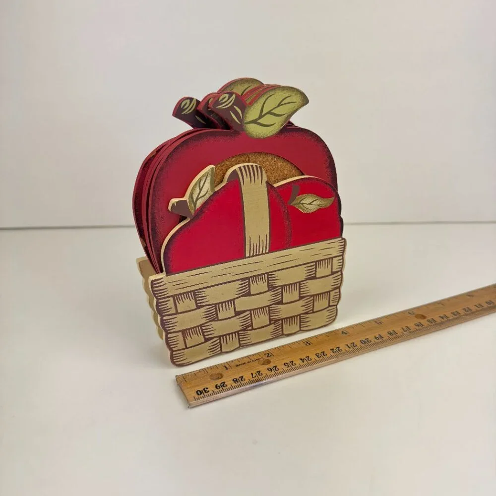 Vintage Set of 4 Red Apple Shape Coasters Wood Cork in Apple Basket Holder Theme